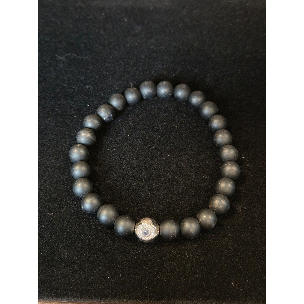 Matte Black Stone Bead Bracelet 925 Sterling Silver Pave Accent Stretch